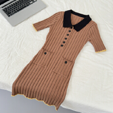 批发英美学yb版千金感翻领撞色掐腰针织<b class='q'>连衣裙</b>包臀裙