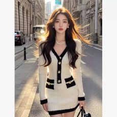 批发<b class='q'>小香风</b>针织<b class='q'>连衣裙</b>女2025秋冬撞色V领气质收腰显瘦包臀裙子打底