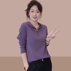 批发2025春秋新款连帽女士<b class='q'>纯棉</b>长袖<b class='q'>t</b><b class='q'>恤</b>休闲拉链宽松百搭上衣简约女装