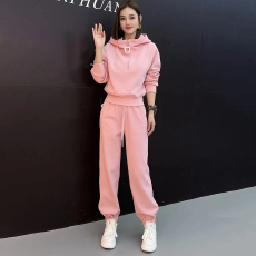 批发潮流网红粉色运动时尚卫衣套装女<b class='q'>春</b>秋季新款连帽上衣休闲裤两件套