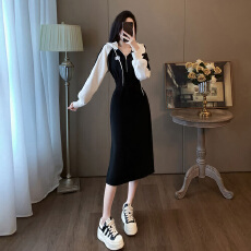 批发黑色卫衣<b class='q'>连衣裙</b>女2025<b class='q'>春秋</b>季高级感气质收腰显瘦中长款过膝裙子潮