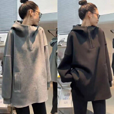 批发百搭慵懒风半开领连帽<b class='q'>卫衣</b>女2025年春秋季新款中长款休闲帽衫上衣