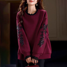 批发春秋季时尚拼接珠片红色卫衣女气质洋气大码<b class='q'>女装</b>2025年新款上衣潮