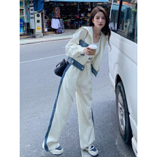 批发休闲<b class='q'>春</b>秋季运动套装牛仔拼接减龄2025年流行女装学院风两件套新款
