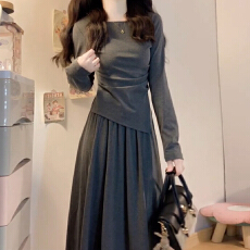 批发高级感新款春秋季小个子收腰氛围感灰色长裙连衣裙2025年女装<b class='q'>显瘦</b>