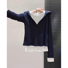 批发新款连帽假两件长袖t恤女外穿春秋季设计感修身<b class='q'>显瘦</b>打底衫上衣潮