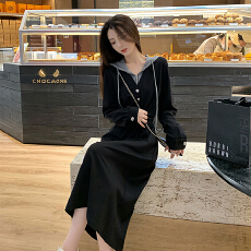 批发黑色超好看<b class='q'>连衣裙</b>女2025秋冬款收腰显瘦减龄休闲<b class='q'>假两件</b>连帽卫衣裙