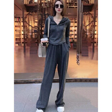 批发纯欲风显瘦连帽半拉链卫衣阔腿裤<b class='q'>套</b>装<b class='q'>女</b>2025秋季新休闲<b class='q'>运动</b>两件套