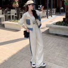 批发休闲运动套装流行新款牛仔拼接学院风减龄春秋季女装2025年两件套