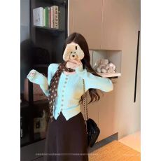 批发气质套装绿色单排扣长袖针织衫女装2025秋<b class='q'>冬</b>新款显瘦复古上衣潮