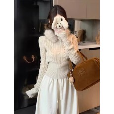 批发韩系千金风杏色毛领收腰麻花毛衣女秋<b class='q'>冬</b>高级感修身长袖针织上衣潮