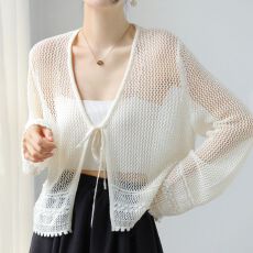 批发温柔法式度假风镂空针织开衫女V领系带防晒罩衫薄外套上衣