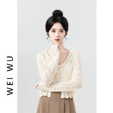 批发杏色<b class='q'>镂空</b>冰丝针织<b class='q'>开衫</b>防晒外套女薄款夏季短款外穿罩衫空调衫上衣