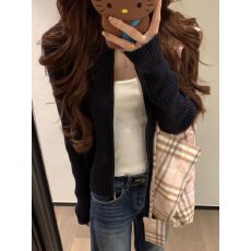 批发美式复古拉链针织毛衣外套女早秋小个子慵懒风长袖上衣
