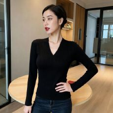 批发纯色2026春季螺纹打底V领新款秋<b class='q'>冬</b>紧身显瘦修身长袖T恤高级上衣