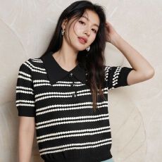 批发polo衫短袖t恤女2026夏季新款薄款设计感冰丝针织衫条纹上衣女