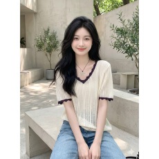 批发慵懒风v领针织短袖t恤女2026新款<b class='q'>夏</b>季宽松显瘦小个子短袖上衣女