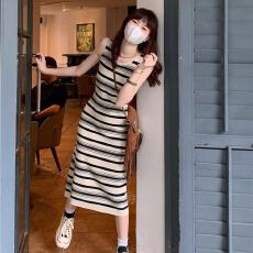批发韩版针织条纹背心裙夏季韩版修身显瘦打底无袖中长款<b class='q'>连衣裙</b>