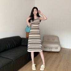 批发针织条纹背心裙夏季韩版修身显瘦打底无袖中长款连衣裙