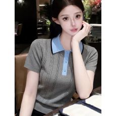 批发夏季高级灰色撞色上衣Polo2026针织新款好看短袖<b class='q'>针织衫</b>