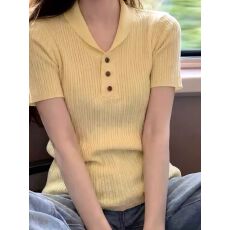 批发老钱风复古麻花短袖<b class='q'>针织衫</b>春季新款慵懒松弛感翻领外穿正肩上衣女
