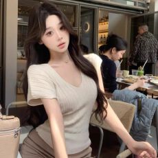 批发杏色v领短袖针织T恤女夏季基础款<b class='q'>修身</b>内搭纯欲小众简约遮肉上衣潮