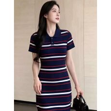 批发减龄学院风针织条纹<b class='q'>连衣裙</b>女夏季polo领撞色短款修身短袖T恤裙子