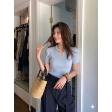 批发韩系小翻领半开V领上衣弹力竖纹紧身收腰小个子冰丝针织短袖<b class='q'>小衫</b>