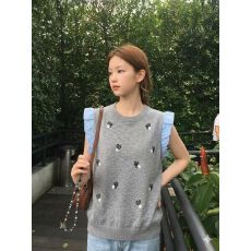批发韩系松弛感条纹圆领针织马甲夏季宽松落肩小飞袖无袖休闲上衣