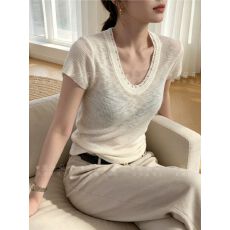 批发夏季新款韩系高级感老钱风设计圆领针织小众修身上衣女