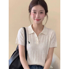 批发韩系温柔风Polo领针织短袖t恤<b class='q'>女</b>夏季设计感<b class='q'>修身</b>正肩上衣