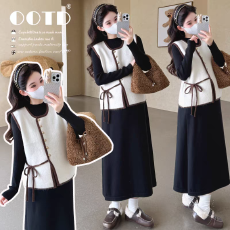 批发2025秋冬新款温柔系<b class='q'>撞色</b>马甲+针织<b class='q'>连衣裙</b>套装女 收腰绑带气质