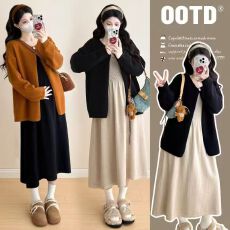 1. 孕妇宽松针织套装 2025秋新纯色单扣外套 加打底连衣裙