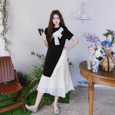 批发法式温柔风 蝴蝶结拼接雪纺<b class='q'>连衣裙</b> 黑白撞色显瘦长裙」