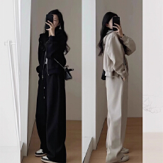 批发慵懒风秋冬休闲运动套装女盐系加绒短款连帽外套拖地<b class='q'>阔腿裤</b>两件套