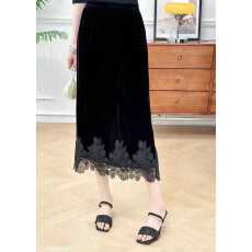 批发花朵刺绣蕾丝拼接<b class='q'>真丝</b>丝绒半<b class='q'>裙</b>