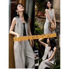 批发高端轻奢优雅100%天然<b class='q'>亚麻</b>老钱时髦条纹马夹/休闲<b class='q'>裤</b>套