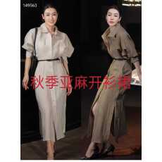 批发植物酵洗100%亚麻GQ式轻奢高级感开衫时尚宽松单排扣气质中长裙