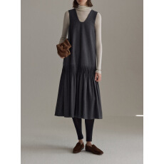 批发手工塔克褶斜纹混色V领无袖背心裙A字显瘦<b class='q'>连衣裙</b>