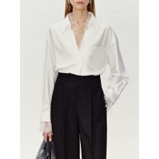 批发高智通勤穿搭衬衣 蕾丝拼接V领直筒<b class='q'>衬衫女</b>夏设计感小众休闲上衣