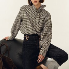 批发领结设计感法式复古千鸟格宽松休闲时髦<b class='q'>格子衬衫</b>