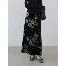 批发新款新中式超仙遮肉高腰A字丝绒裙女气质印花显瘦半身裙