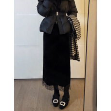 批发<b class='q'>蕾丝</b>拼接丝绒半身裙高腰显瘦开叉松紧腰直筒裙子