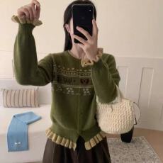 2025冬款时尚高级前提花脚撞色木耳边开衫