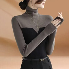 批发韩系内搭新品上衣2025<b class='q'>新款</b>秋冬季高领长袖假两件拼色修身针织衫女