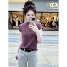 批发法式紫色半高领短袖针织衫女夏季显瘦薄款高级感洋气上衣