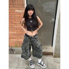 批发美式复古迷彩阔腿牛仔裤女情侣时尚百搭运动宽松直筒工装裤<b class='q'>七分</b>裤