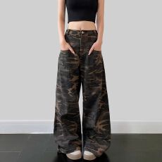 批发复古<b class='q'>迷彩</b>弯刀辣妹美式牛仔<b class='q'>裤</b>慵懒阔腿<b class='q'>裤</b><b class='q'>宽松</b>工装<b class='q'>裤</b>女生高级感<b class='q'>裤</b>子