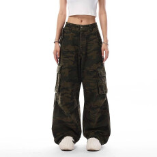 批发美式复古直筒<b class='q'>迷彩</b>大口袋工装牛仔<b class='q'>裤</b>男女情侣潮流宽松休闲拖地<b class='q'>裤</b>子