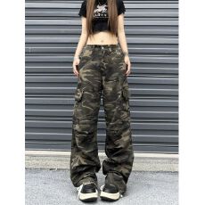 批发美式街头水洗做旧多口袋<b class='q'>迷彩</b>牛仔<b class='q'>裤</b>女工装<b class='q'>裤</b>情侣直筒宽松阔腿长<b class='q'>裤</b>